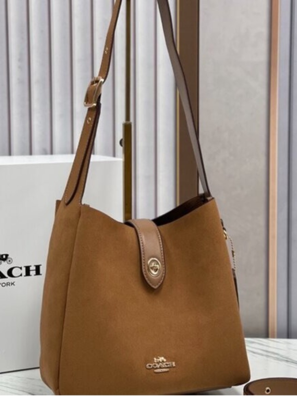 Coach Suede Shoulder Hobo in Warm Tan with Turn-Lock Accent